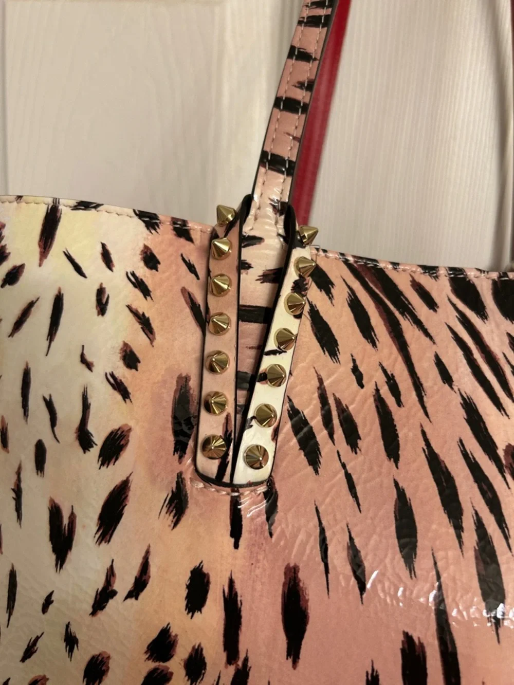 Christian Louboutin Cabata Beige Cheetah Leather Tote Matching Pouch Dust Bag